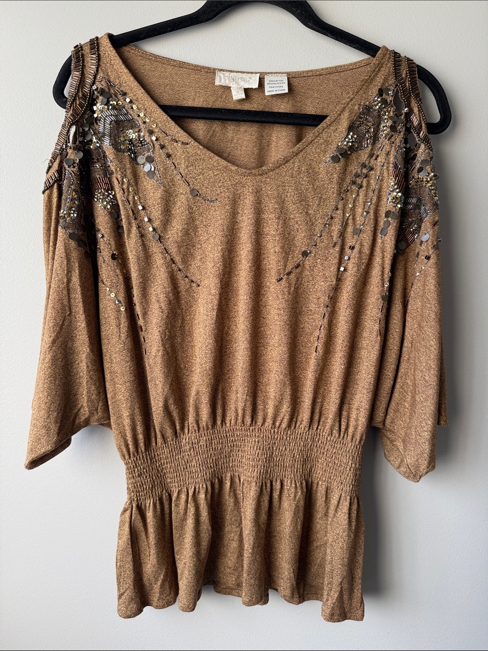 Miss Me Gold Embellished beaded sequins Cold-Shoulder Peplum Top Y2K